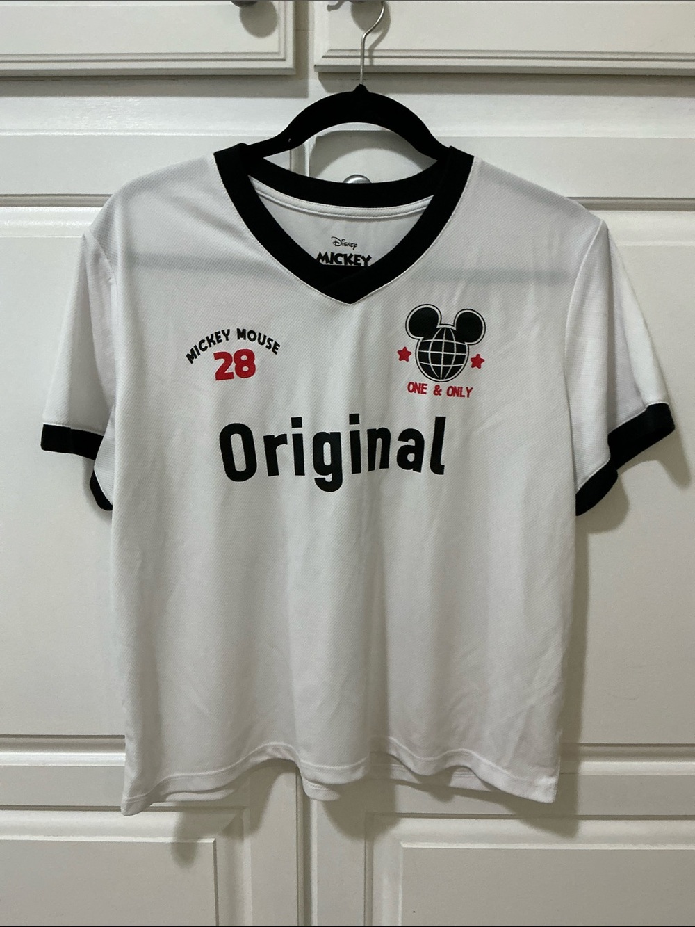 Disney White Tee with Red Mickey Logo and Black Trim
